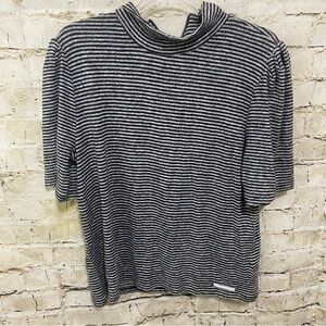 DKNY Jeans Gray Black Striped Soft Mock Neck Zip Back Knit Top